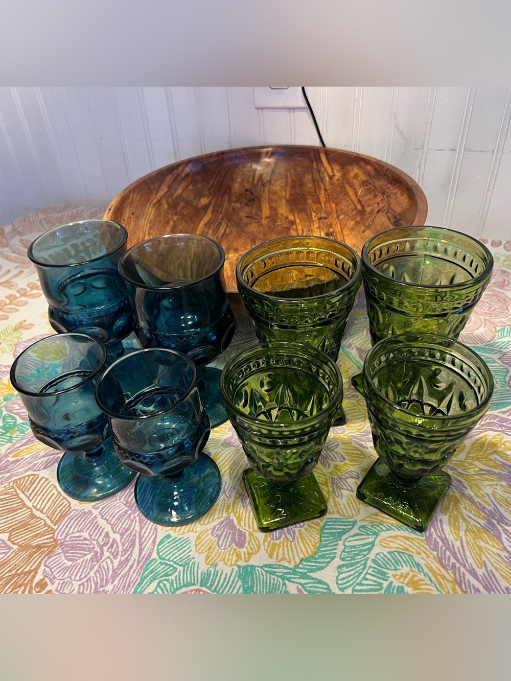 Vintage Blue and Green Pressed Glass Goblet Set